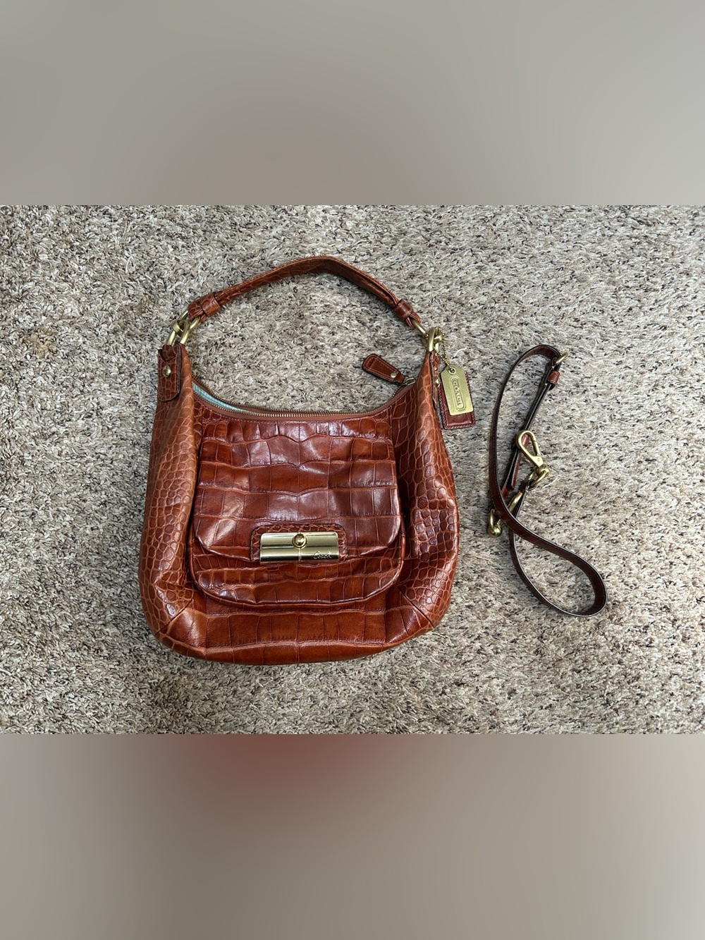 Coach Kristin chestnut rich brown croc reptile embossed leather slouchy hobo bag